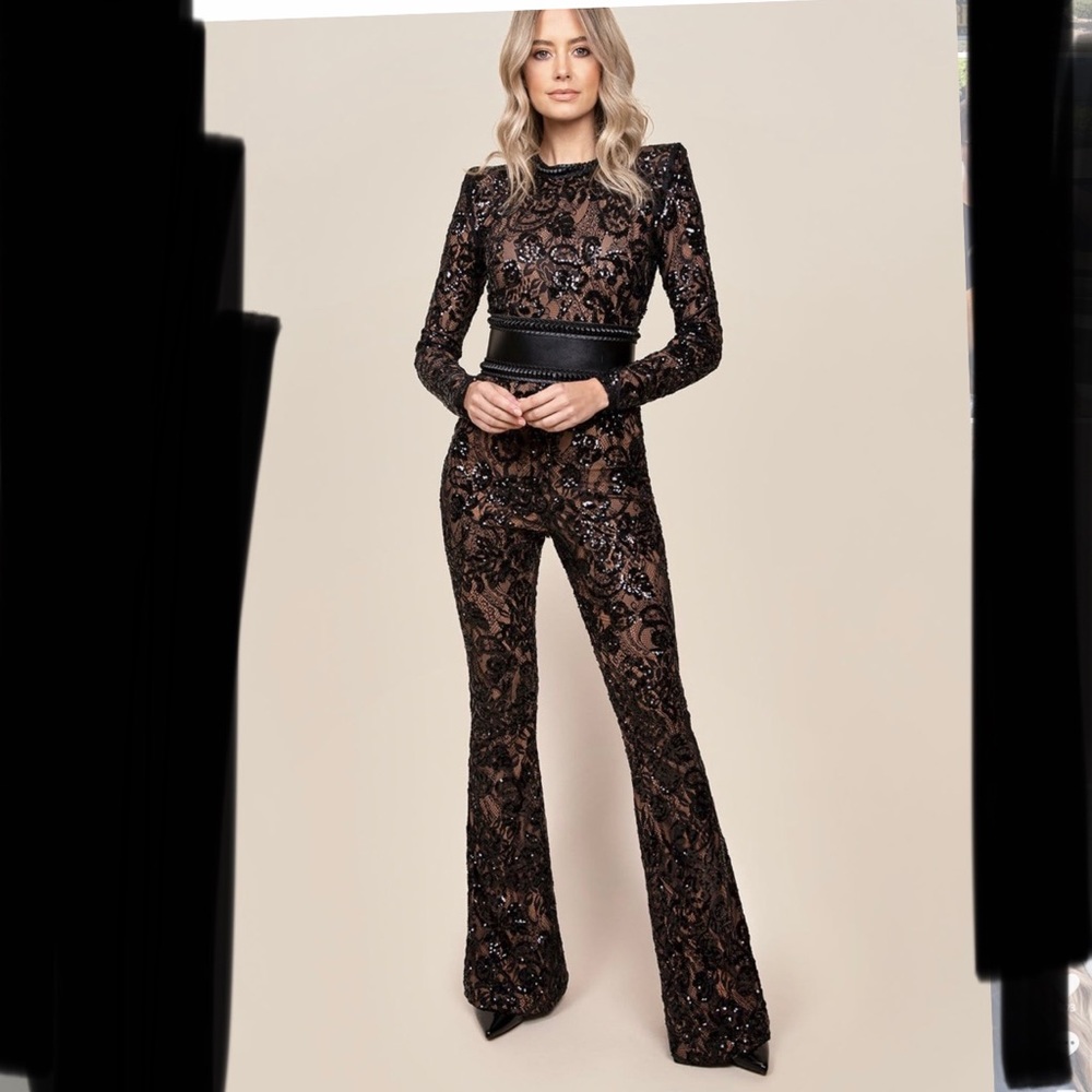 NWT Black Nadine Merabi Bella Sparkle Jumpsuit XXL